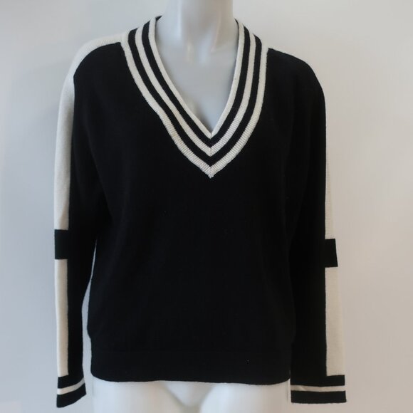 Womens Brodie Fine Cashmere Black White Varsity Stripe V-Neck Pullover Sweater M - Picture 5 of 11